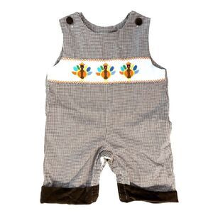 Thanksgiving Turkey Brown Gingham Plaid Overalls Boys 3M Southern Smocked Co.